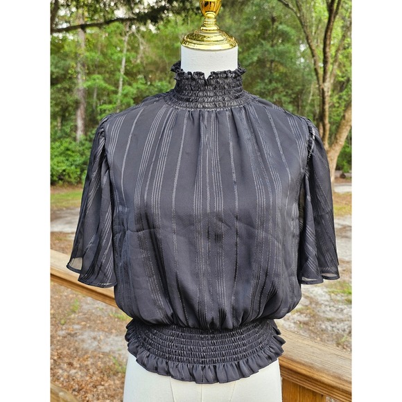Shinestar Tops - Shinestar Black Shimmer Striped Smocked High Neck Blouse Large Flutter Sleeve
